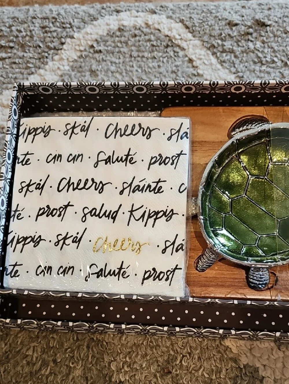 Pampa Bay Acacia Wood Serving Board. Green Turtle Glass Dip Bowl/Spreader